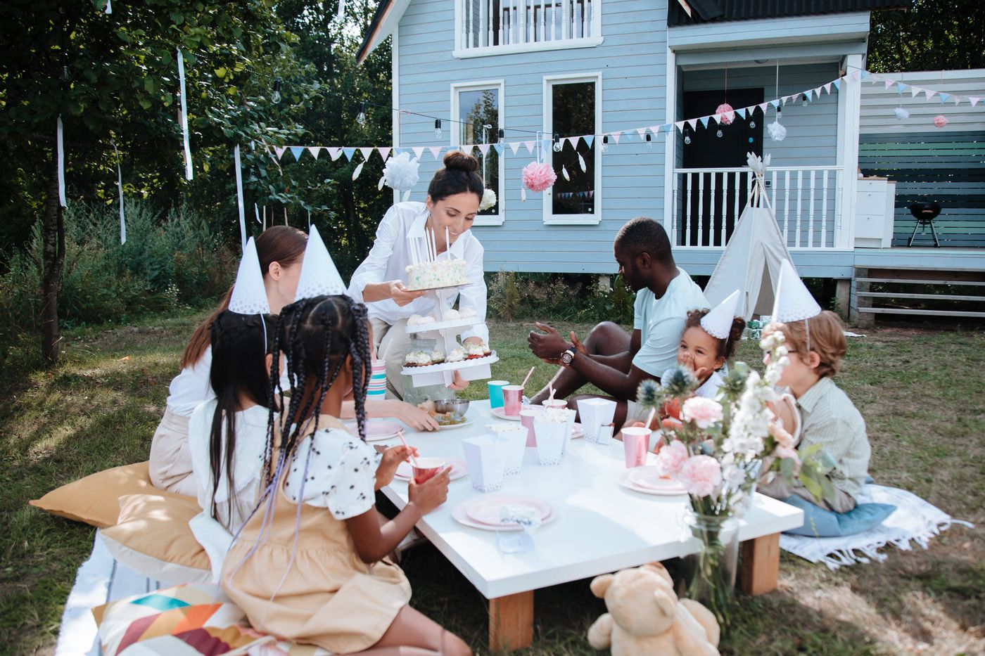 Kids at a backyard birthday party