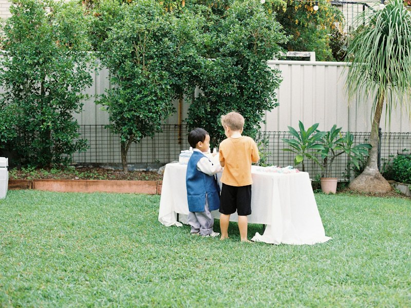 A bounce house set up in a backyard